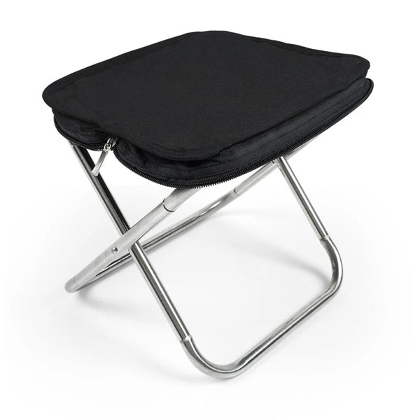 Collapsible Portable Camping Stool in black fabric with a foldable metal frame for outdoor seating.