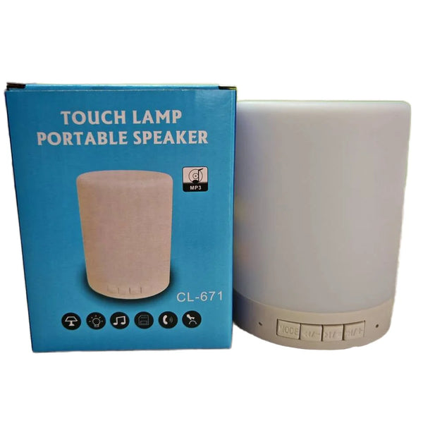 Smart Portable Plastic LP-25125 Wireless Speaker Lamp in front of packaging, showcasing design and controls.