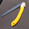 Folding Carbon Steel Garden Pruning Saw with ergonomic yellow handle for effective outdoor cutting.
