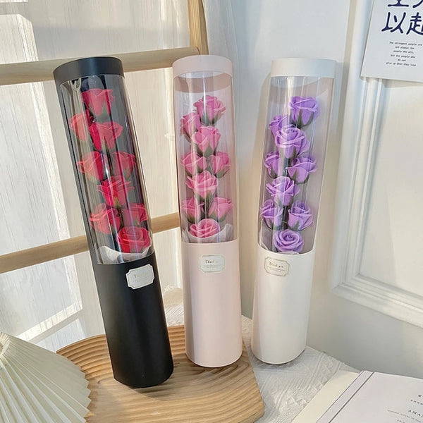 Cylinder Floral Display Box with Soap Roses featuring red, pink, and purple soap roses in elegant cylindrical containers.