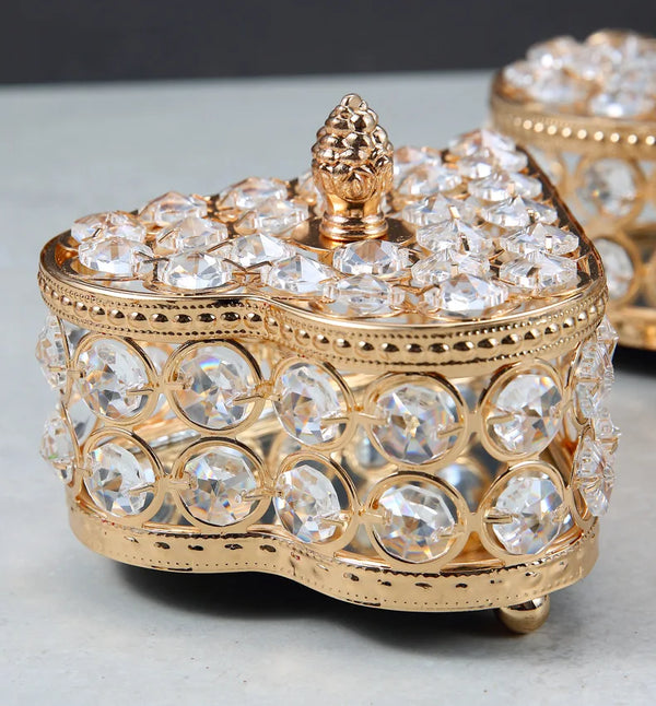 Vintage Crystal Metal European Love Princess Jewelry Box with heart shape and sparkling crystals.