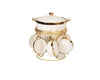 Ceramic Soup Tureen Set with Bowls and Spoons featuring elegant gold accents and six matching bowls.