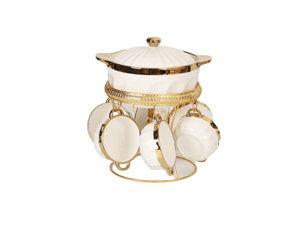 Ceramic Soup Tureen Set with Bowls and Spoons featuring elegant gold accents and six matching bowls.