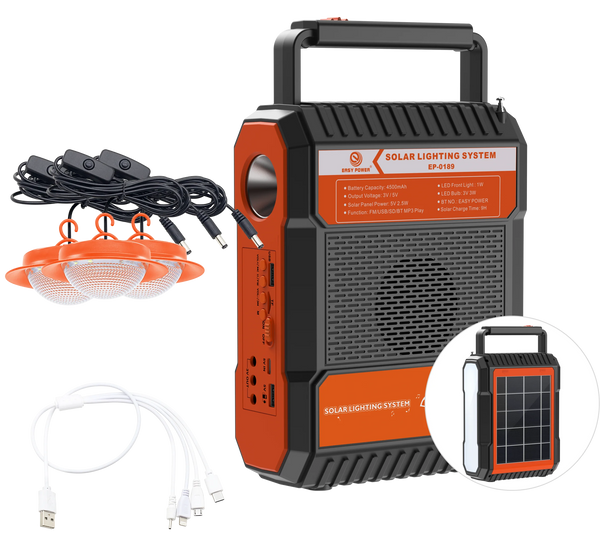 4500mAh Solar Lighting System with Bluetooth Speaker featuring solar panels and LED lights.