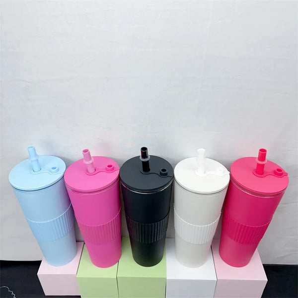 Colorful 24oz Double Wall Plastic Bubble Tea Tumblers in blue, pink, black, white, and pink display.