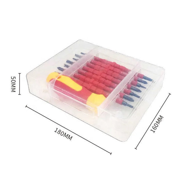 32-in-1 Insulated Precision Screwdriver Kit displayed in a clear case with various bits and a handle.