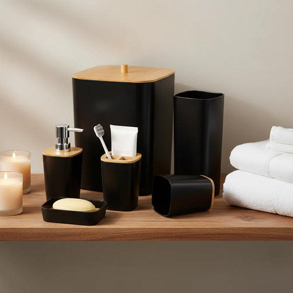 6-Piece Eco Friendly Kitchen Set displayed on wooden shelf with bamboo accents and black containers for sustainable home decor.