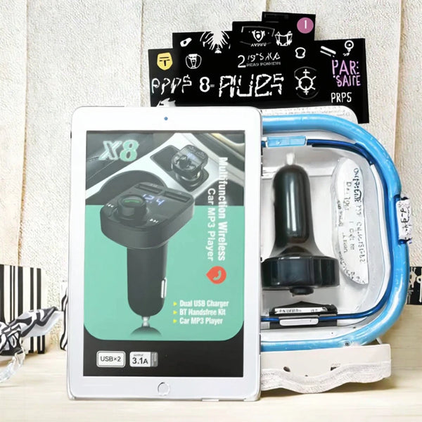 Multifunctional Car FM X8 Bluetooth Transmitter displayed with a tablet showcasing its features.