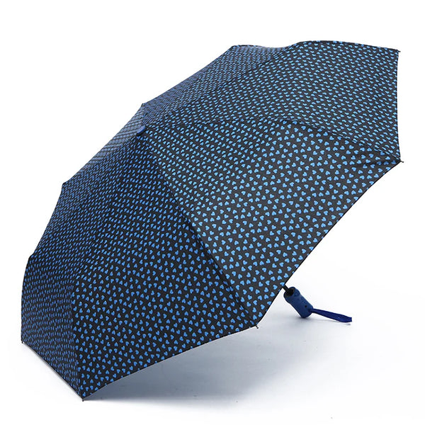 21-Inch Automatic Foldable Windproof Umbrella with blue heart print design, ideal for staying dry in windy weather.