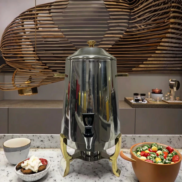 Stainless Steel Juicer Coffee Maker in a modern kitchen setting with salad and dessert.