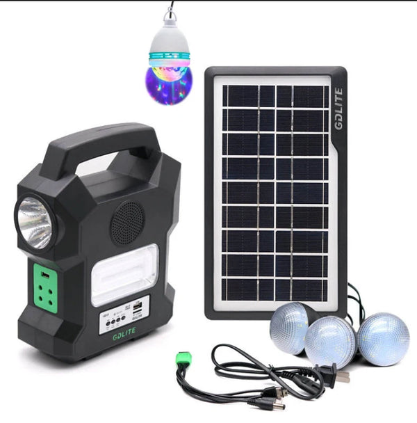 Outdoor IP65 Rechargeable Solar Light featuring solar panel, portable battery, and LED bulbs for outdoor illumination.