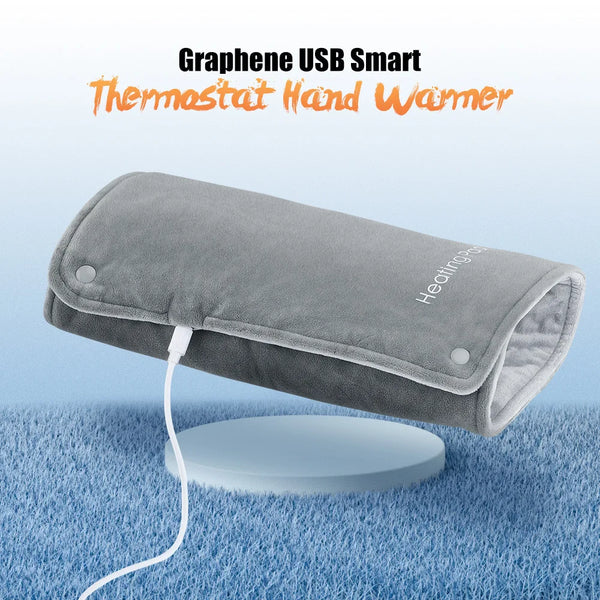 Graphene USB Hand Warmer Bag with soft gray fabric and USB connection on a blue background.