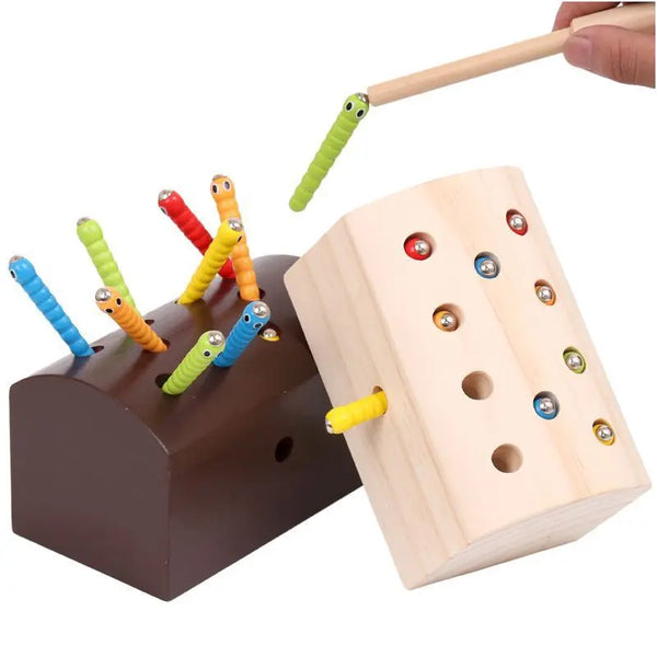 Magnetic Wooden Catching Insects Fishing Toy with colorful insect pieces on a brown and wooden base.