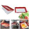 Reusable Stackable Food Preservation Trays with Stretch Covers displayed in various settings for food storage.