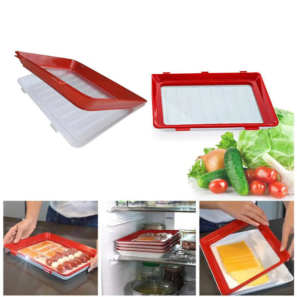 Reusable Stackable Food Preservation Trays with Stretch Covers displayed in various settings for food storage.