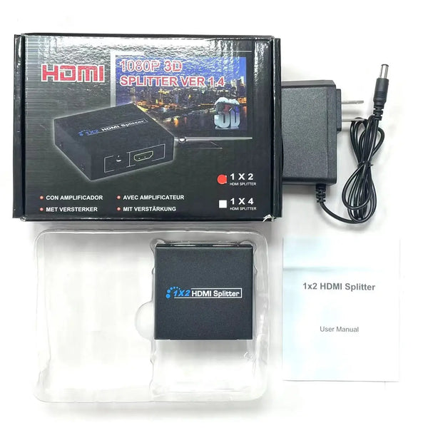 HDMI Splitter Full HD Signal Distributor with packaging, power adapter, and user manual on display.