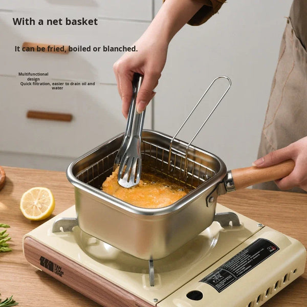 Multi-function Portable Stainless Steel Square Deep Fryer with net basket for frying and draining food.