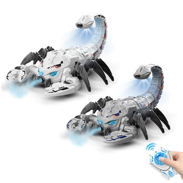 Remote Control Mechanical Spray Scorpion Toy with water mist feature and controller in hand.