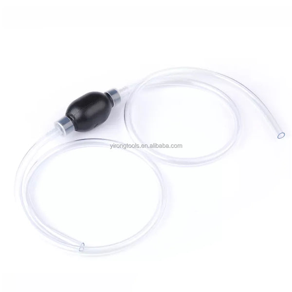 Automotive Manual Fluid Siphon Pump showing clear tubing and black pump bulb for transferring liquids efficiently.