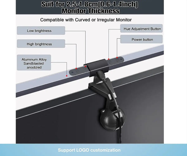 LED Monitor Screen Light Bar displaying features for various monitor thicknesses and brightness adjustments.