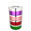 Stainless Steel Single Wall Lunch Box With Lock featuring colorful stacked compartments for meal storage.