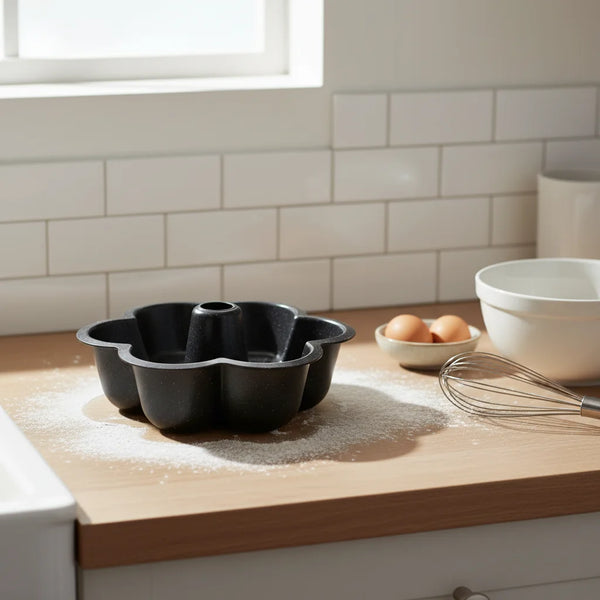 25cm Carbon Steel Flower Pattern Non-stick Cake Pan on wooden countertop with kitchen utensils and eggs.