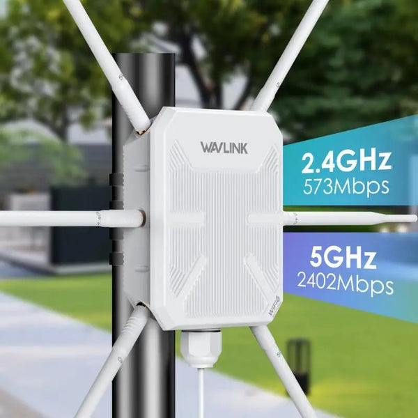 AX3000 Outdoor High Power Long Range WiFi Mesh Extender mounted with dual-band specifications on display.