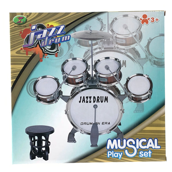 Junior 5-Piece Jazz Drum Kit box showing the complete percussion set for kids with a stool.
