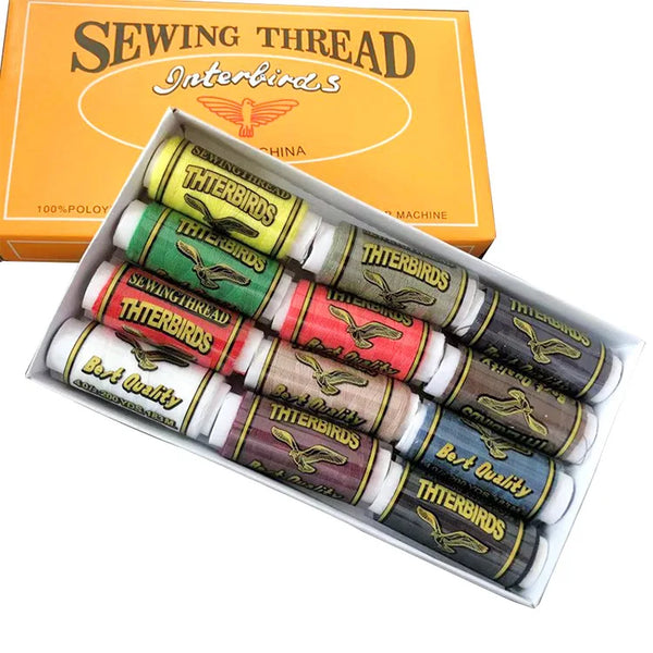 12-Color Boxed Household Sewing Thread Set featuring colorful spools neatly arranged in a cardboard box.