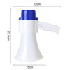 Rechargeable Small Outdoor Cheering Megaphone in white and blue with dimensions visible.