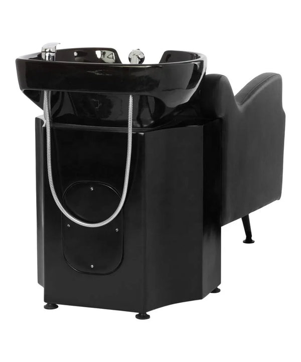 Professional Reclining Salon Shampoo Chair with ergonomic design and sleek black finish for client comfort.