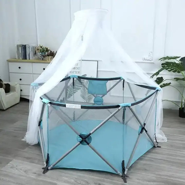 Hexagon Shape Infant Portable Playpen with protective netting, perfect for a safe play area for babies.