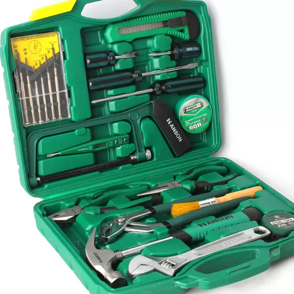 20-Piece Household Hand Tool Starter Kit displayed in a green case, featuring various essential tools for home repairs.