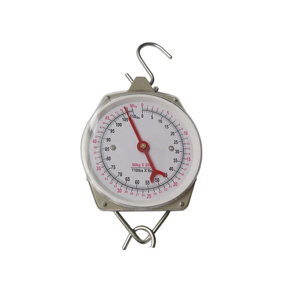 Precision Dial Hanging Scale showing weight measurements on a mechanical dial for accurate readings.