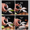 Strong Big Head Kitchen Scissors shown in use for chopping chili, cracking walnuts, cutting vegetables, and opening fish belly.