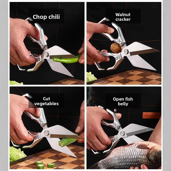 Strong Big Head Kitchen Scissors shown in use for chopping chili, cracking walnuts, cutting vegetables, and opening fish belly.