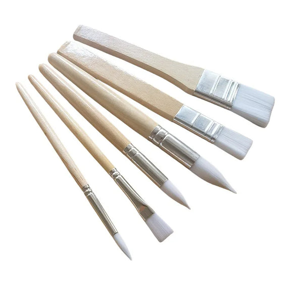 6-Piece Nylon Paint Brush Set with Wooden Handles arranged in a variety of sizes, ideal for painting and crafts.