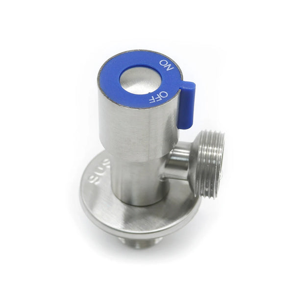 Chrome Plated Stainless Steel Angle Valve showing blue handle and stainless steel finish.