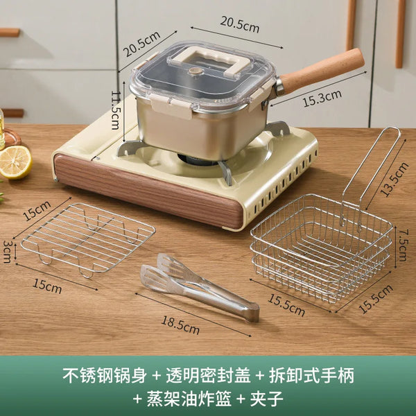 Multi-function Portable Stainless Steel Square Deep Fryer with accessories on a kitchen countertop
