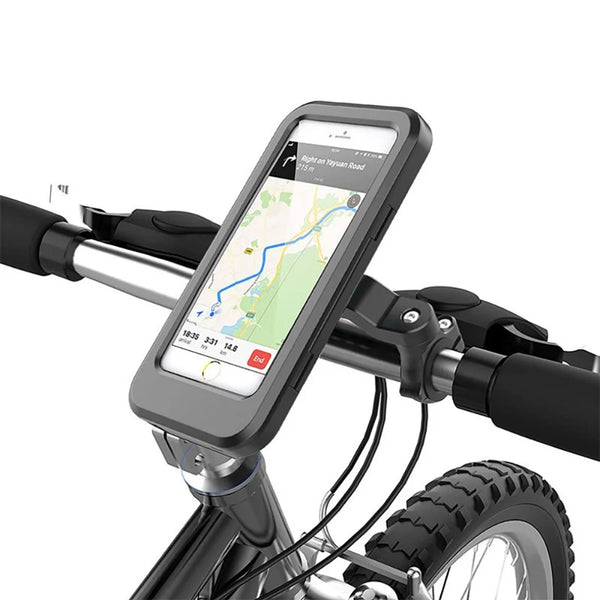 Universal 360-Degree Waterproof Bicycle Phone Holder with smartphone displaying a map on a bike handlebar.