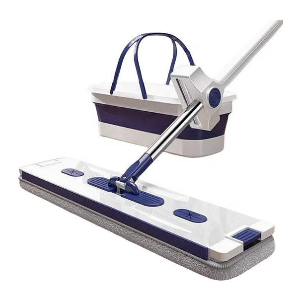 Hand Free Microfiber Mop with Foldable Bucket, ideal for easy and efficient floor cleaning without back strain.