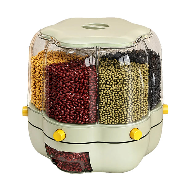 6-Grid Rotating Rice and Grain Dispenser with various beans and grains in clear compartments.