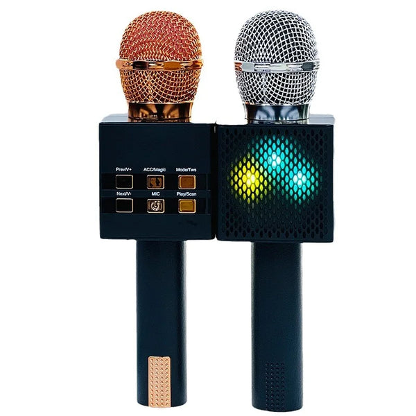 Wireless USB Audio Karaoke Microphone featuring dual mics and LED lights for dynamic singing experiences.