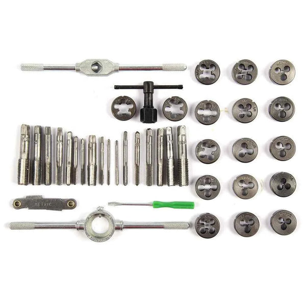 Image of 40PC Professional Metric Tap Wrench and Die Set showing taps, dies, handles, and a wrench in organized layout.
