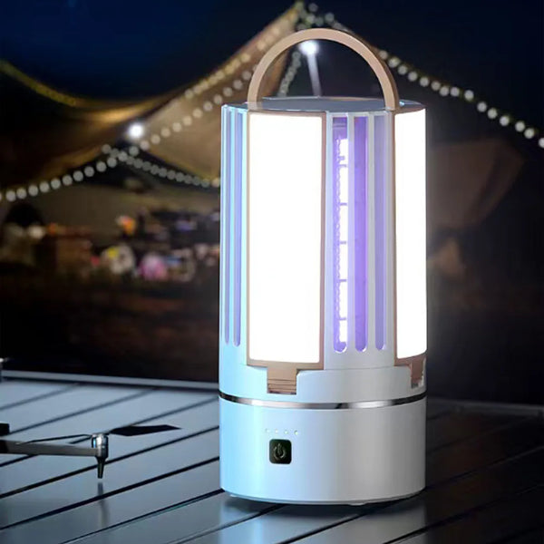 Rechargeable LED Mosquito Killer Lamp and Lantern illuminating an outdoor space at night.
