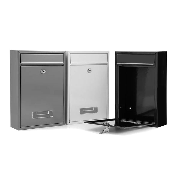 Wall-Mounted Lockable Galvanized Steel Mailbox in three colors: gray, white, and black, displaying a secure lock.