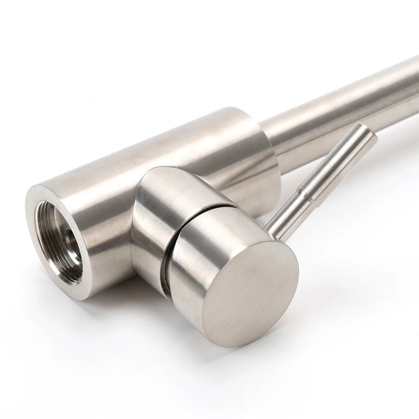 Classic Single Hole Kitchen Faucet with 360 Swivel close-up showing durable stainless steel design and rotating handle.
