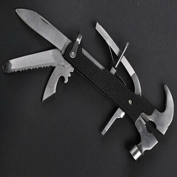 Outdoor Multi-Function Mini Claw Hammer with various tools and compact design for camping and DIY projects.