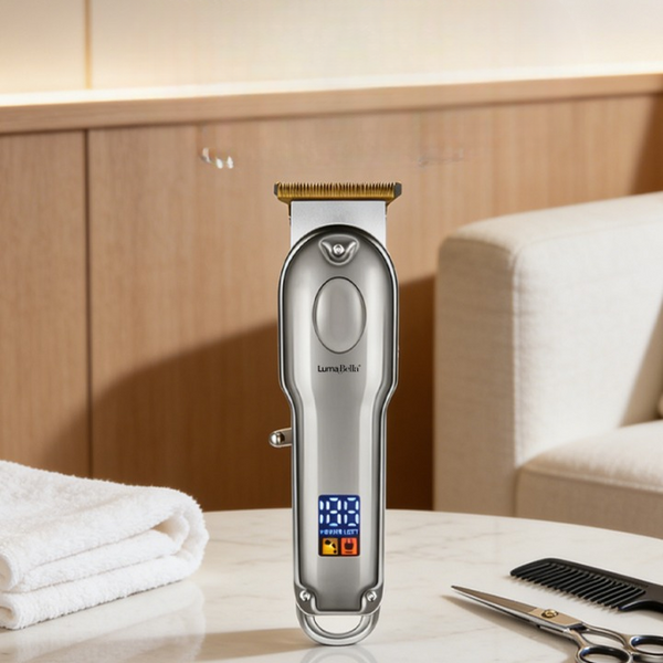 Professional Electric Hair Clipper displayed on a table with scissors and towel in a stylish salon setting.