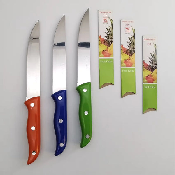 Stainless Steel Ultra Sharp Fruit Knife set with orange, blue, and green handled blades and packaging.